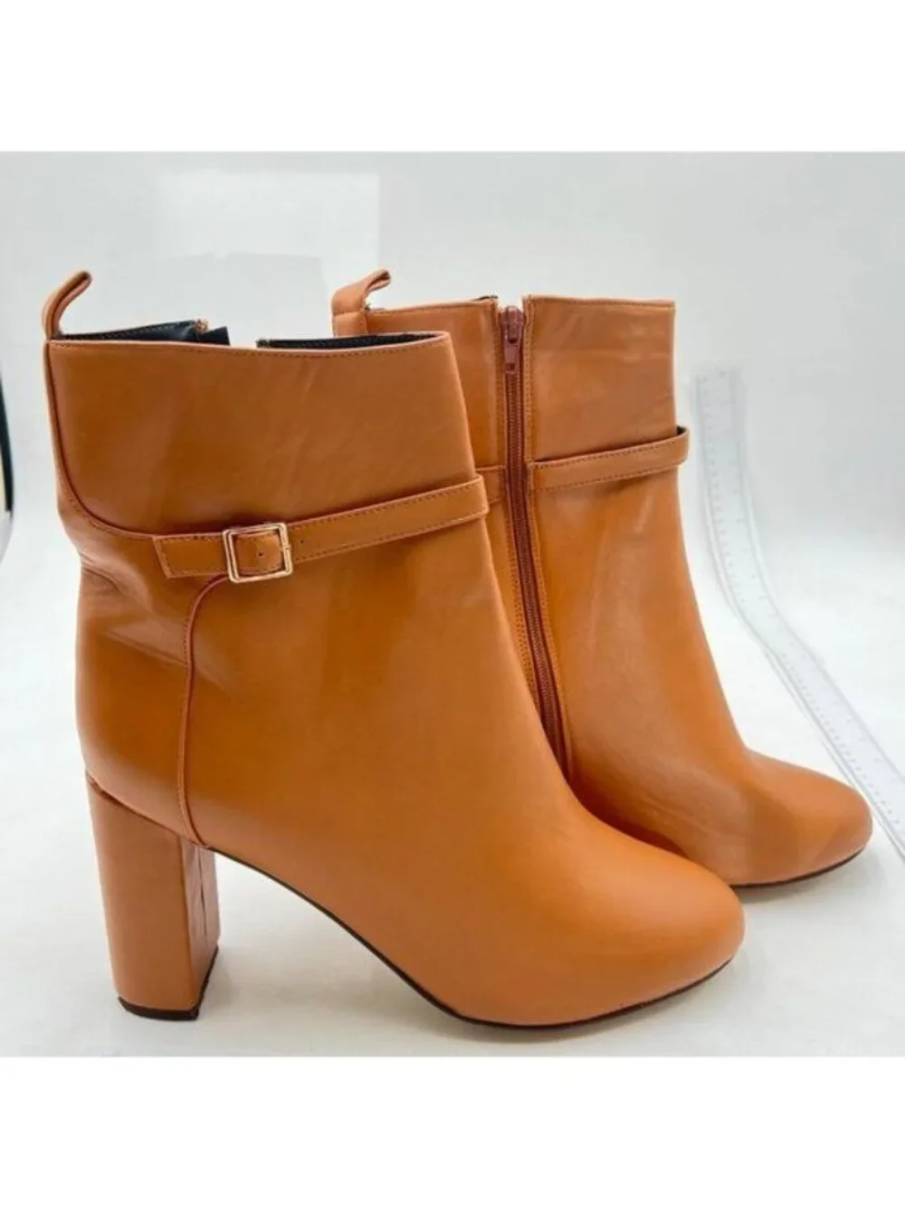 Brown Women Ankle Boots Side Zip Closed Toe Block Heel Buckle Strappy Dress Shoe